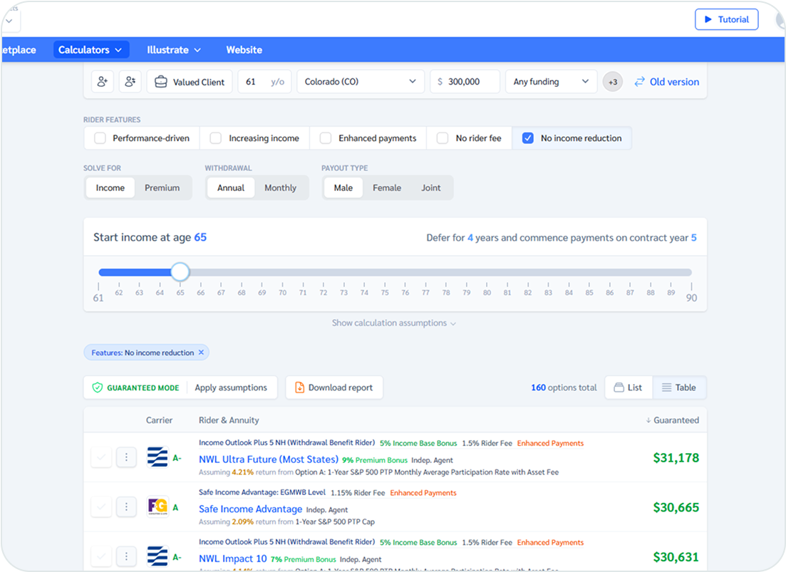 Income rider calculators